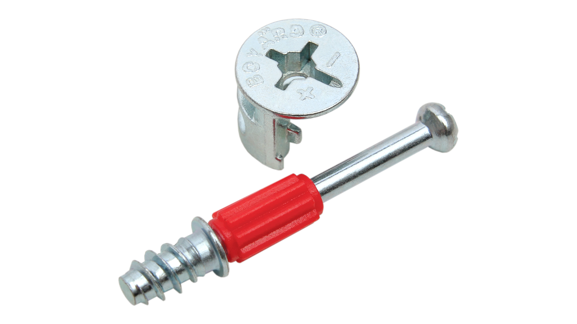 Эксцентриковая стяжка  15x12мм+дюбель, цинк+красный (Арт. ST01/51/6/RdZn/01) Boyard